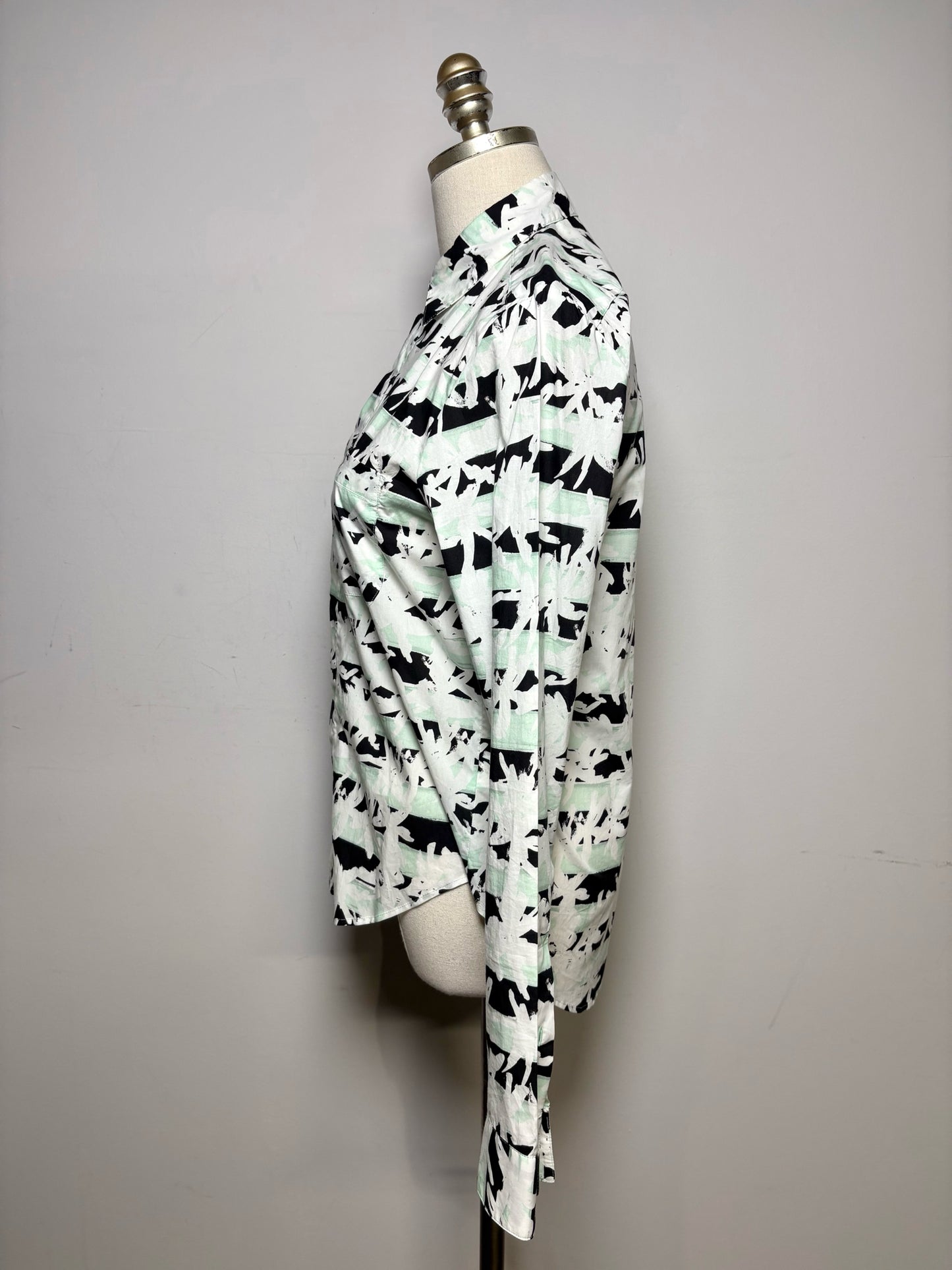 Women's Size 36 (XS) Kenzo White Black & Mint Green Geometric Print Cotton Pre-Owned Shirt