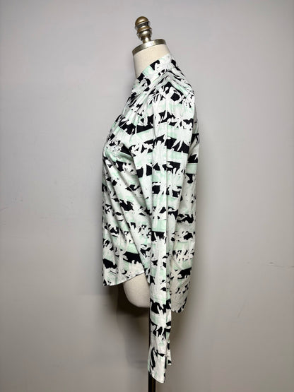 Women's Size 36 (XS) Kenzo White Black & Mint Green Geometric Print Cotton Pre-Owned Shirt