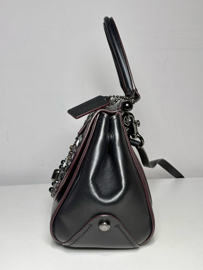 Women's Coach #54079 Willow Floral Leather Pre-owned Black Top Handle Rare Bag