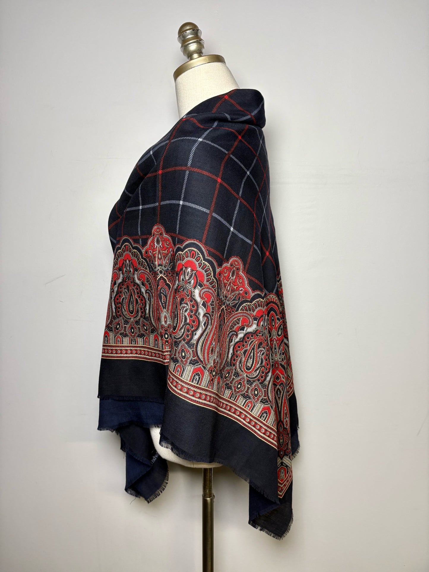 Burberrys' Paisley & Check Pure Wool Vintage RARE Pre-owned Square Navy Scarf