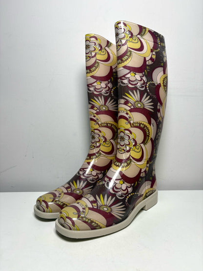 Women Shoe Size 40 (US 10) Emilio Pucci Yellow, Purple & Cream Rubber Vintage Pre-Owned Knee-High Boots