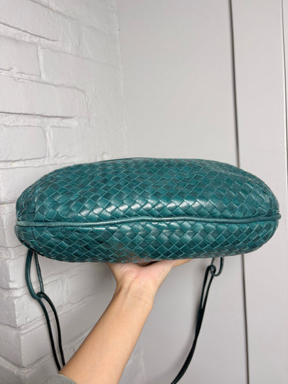 Bottega Veneta Intrecciato Vintage Leather Green Lambskin Crossbody Purse