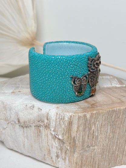 Stingray Leather 3 Owls Marcasite Cuff Bracelet