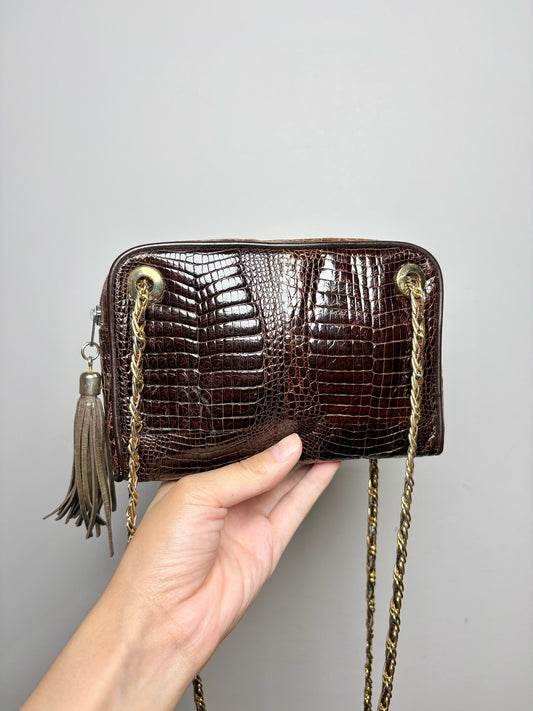Luc Benoit Croc Embossed Leather Brown Purse