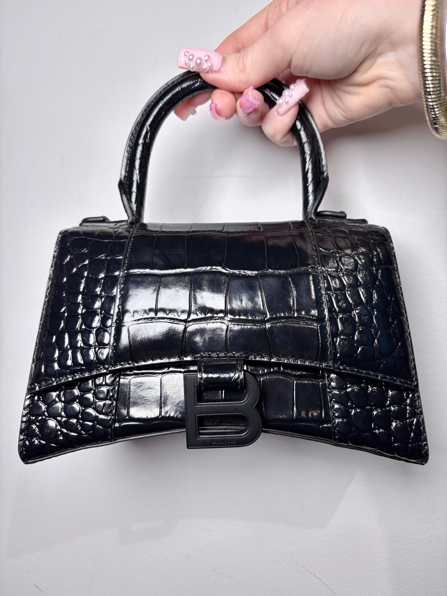 Balenciaga Hourglass Handbag Croc Embossed Black Mini Purse