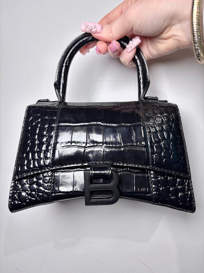 Balenciaga Hourglass Handbag Croc Embossed Black Mini Purse
