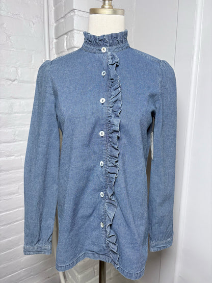 Women Size 34 (2) A.P.C Rue Madame Blue Pinstripe Cotton Ruffle Trim Shirt