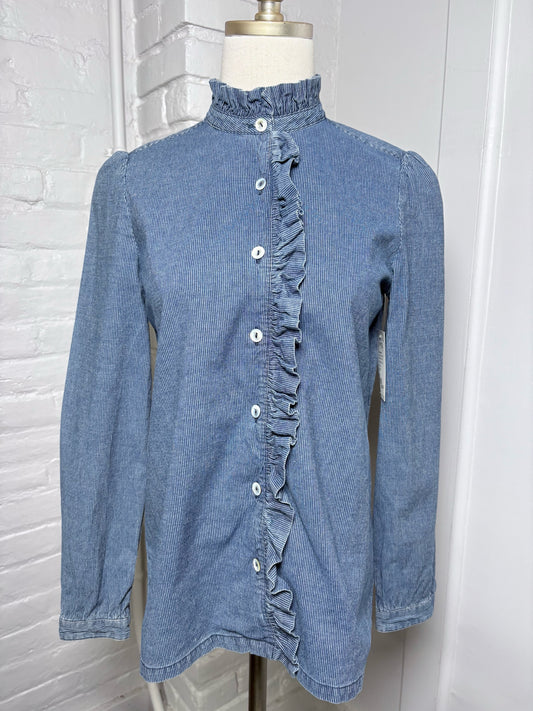 Women Size 34 (2) A.P.C Rue Madame Blue Pinstripe Cotton Ruffle Trim Shirt