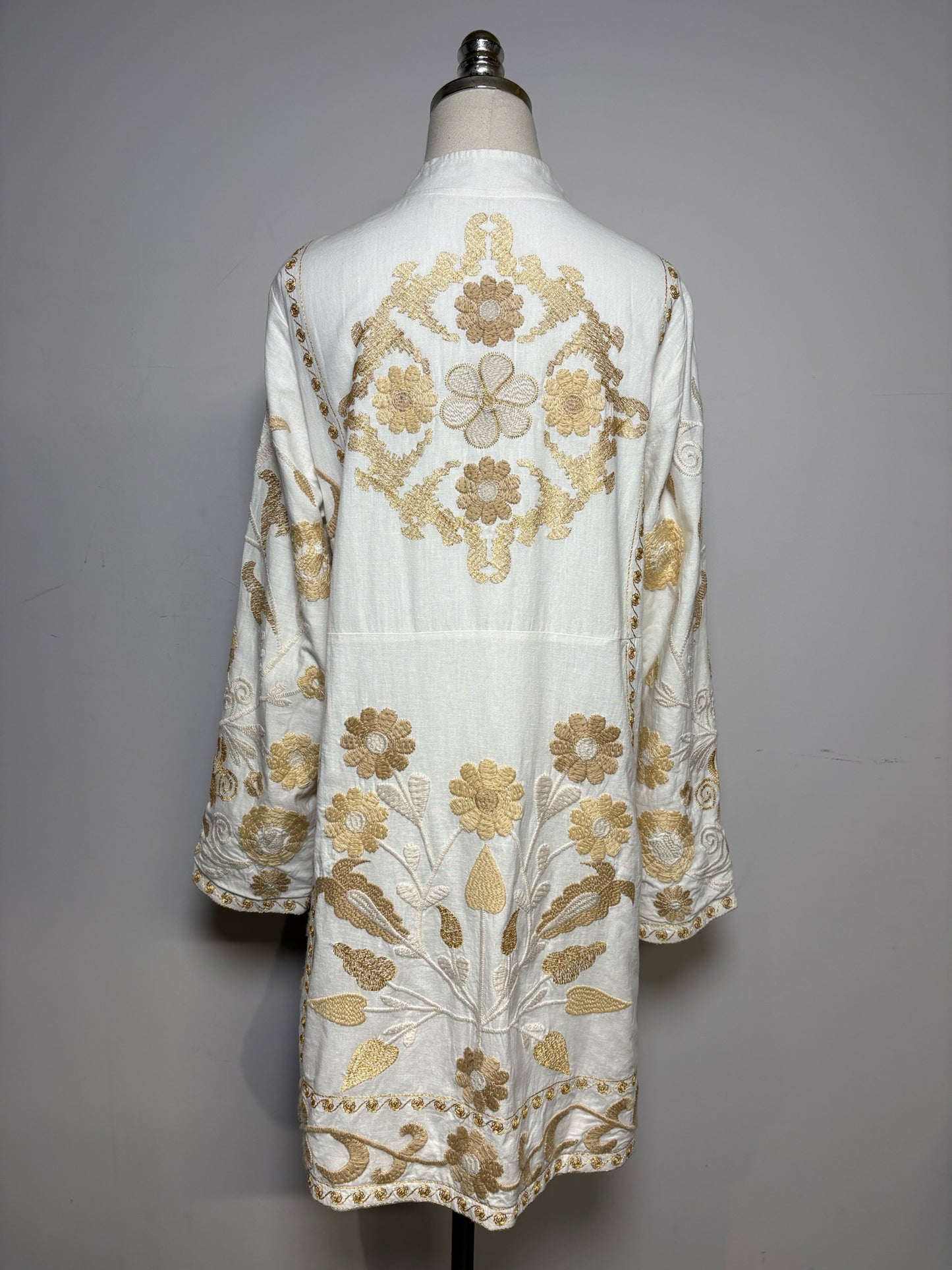 Women Size L Soft Surroundings Off-White Floral Embroidered Cotton Linen Pre-Owned Long Jacket