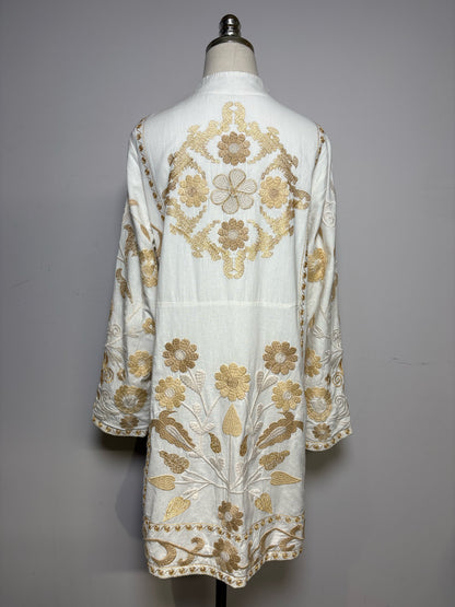 Women Size L Soft Surroundings Off-White Floral Embroidered Cotton Linen Pre-Owned Long Jacket