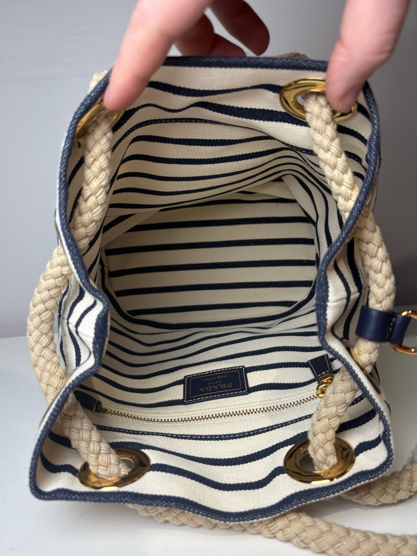 Prada Mariner Canvas Medium Bucket Bag Stripe Cream Pre-owned Purse