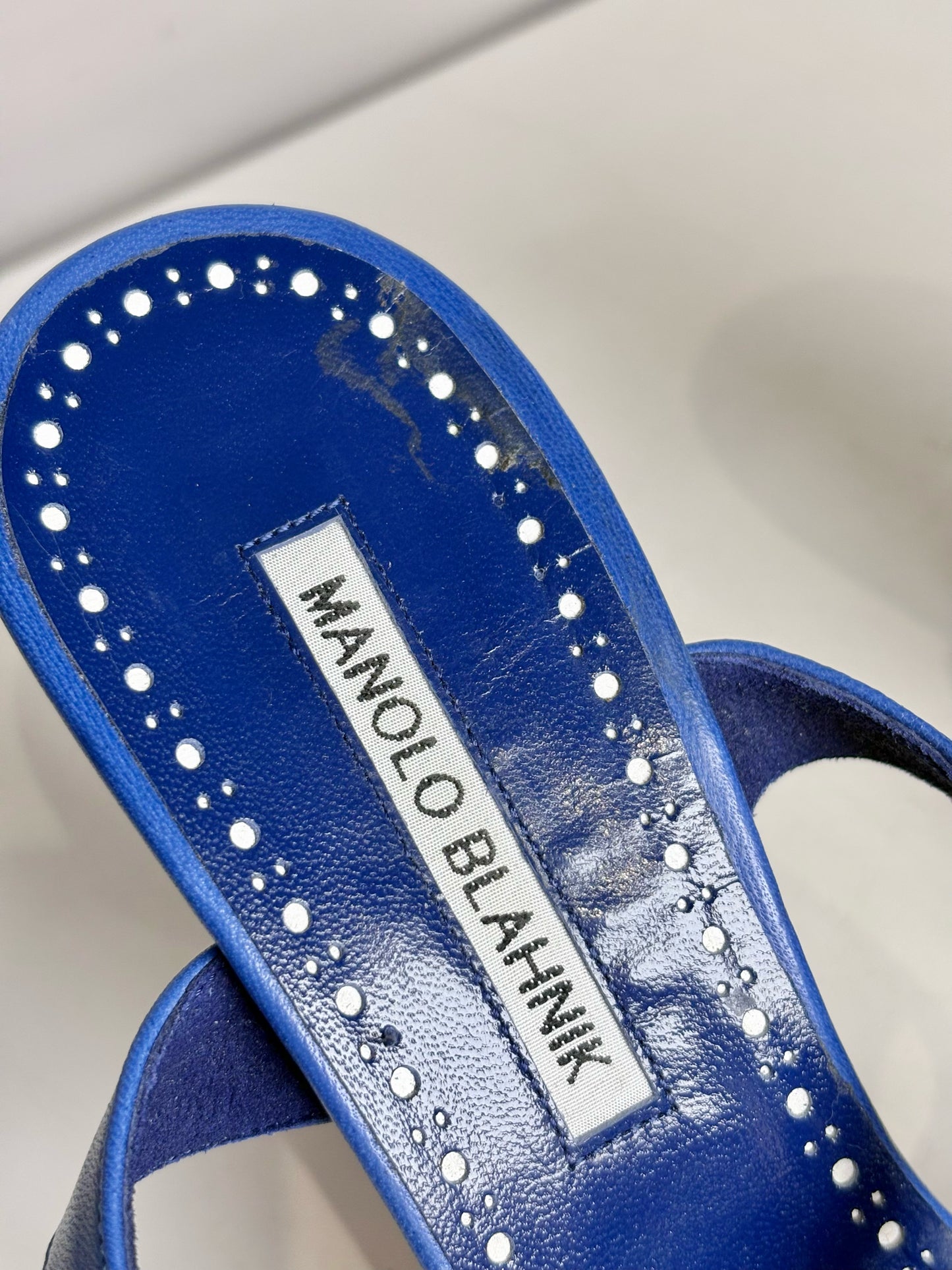 W Shoe Size 38 (8 US) Manolo Blahnik Talitha Blue Leather, Canvas Women's Heels