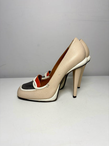 W Shoe Size 38.5 (7.5 US) Fendi Neutrals Lizard Embossed Leather Heels