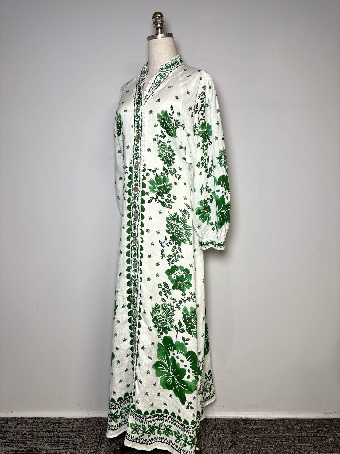Women Size M Magaschoni White, Green Floral Pure Linen Pre-owned Dress