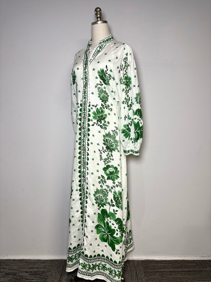 Women Size M Magaschoni White, Green Floral Pure Linen Pre-owned Dress