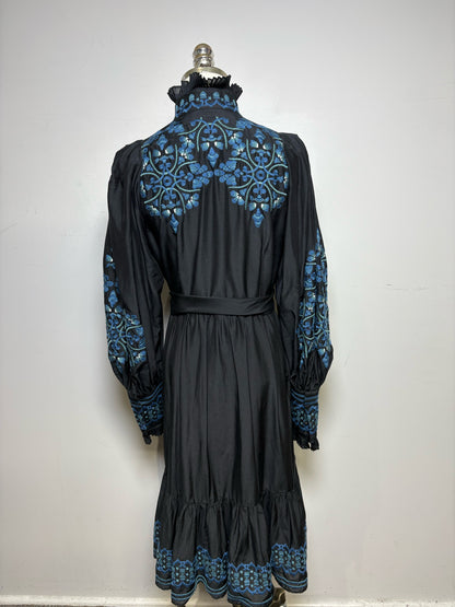 Women Size S Kobi Halperin Black Blue Embroidered Cotton Silk Pre-Owned Dress