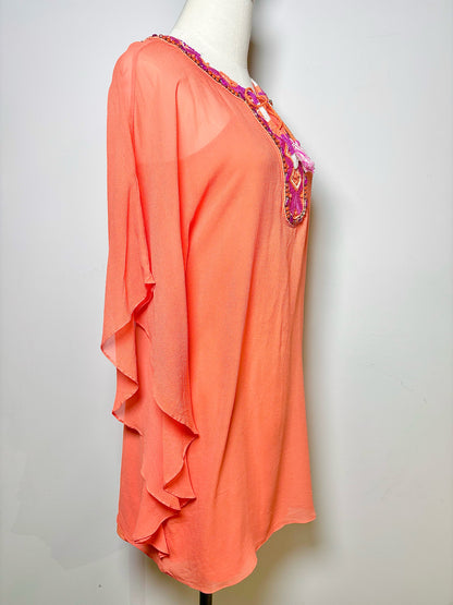 Women Size 2 Trina Turk Salmon Solid Silk Butterfly Sleeves Dress