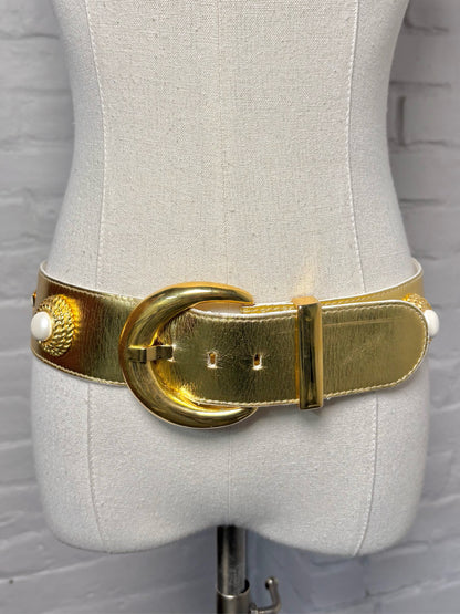 Escada Leather 40 (S) Vintage Metallic Gold Pearls Belt