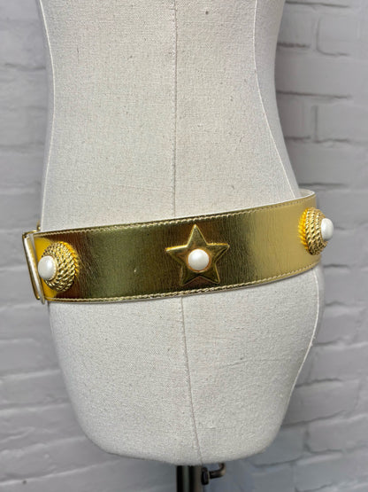 Escada Leather 40 (S) Vintage Metallic Gold Pearls Belt