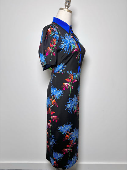 Women Size 8 Diane Von Furstenberg Multi-Color Floral Silk Midi Collar Dress