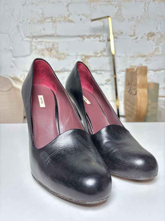W Shoe Size 37.5 Miu Miu Black Leather Genuine Leather Heels