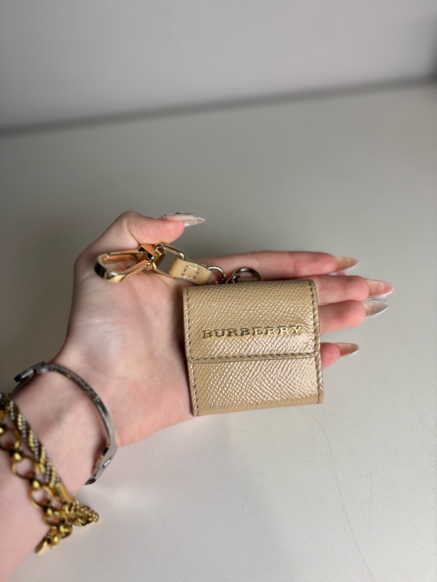 Burberry Patent Leather Mini Wallet Tri-fold Khaki Keychain