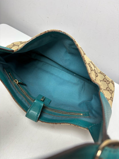 Women's Gucci Jackie O GG Monogram Canvas Turquoise Leather Vintage Y2K Authentic Pre-Owned Medium Shoulder Bag