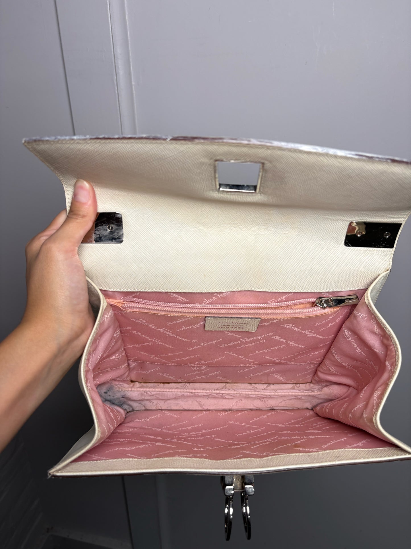 Salvatore Ferragamo Solid Bone Saffiano Gancini Purse