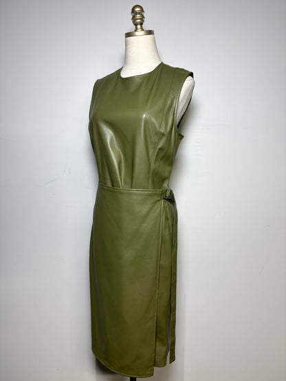 Women Size 10 Deveaux New York Olive Green Faux Leather Pre-Owned Midi Dress