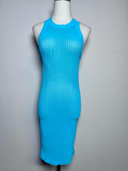 Women Size XS Solid & Striped Turquoise Bodycon Knit Mini Dress