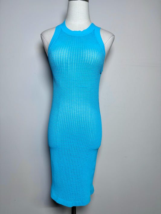 Women Size XS Solid & Striped Turquoise Bodycon Knit Mini Dress