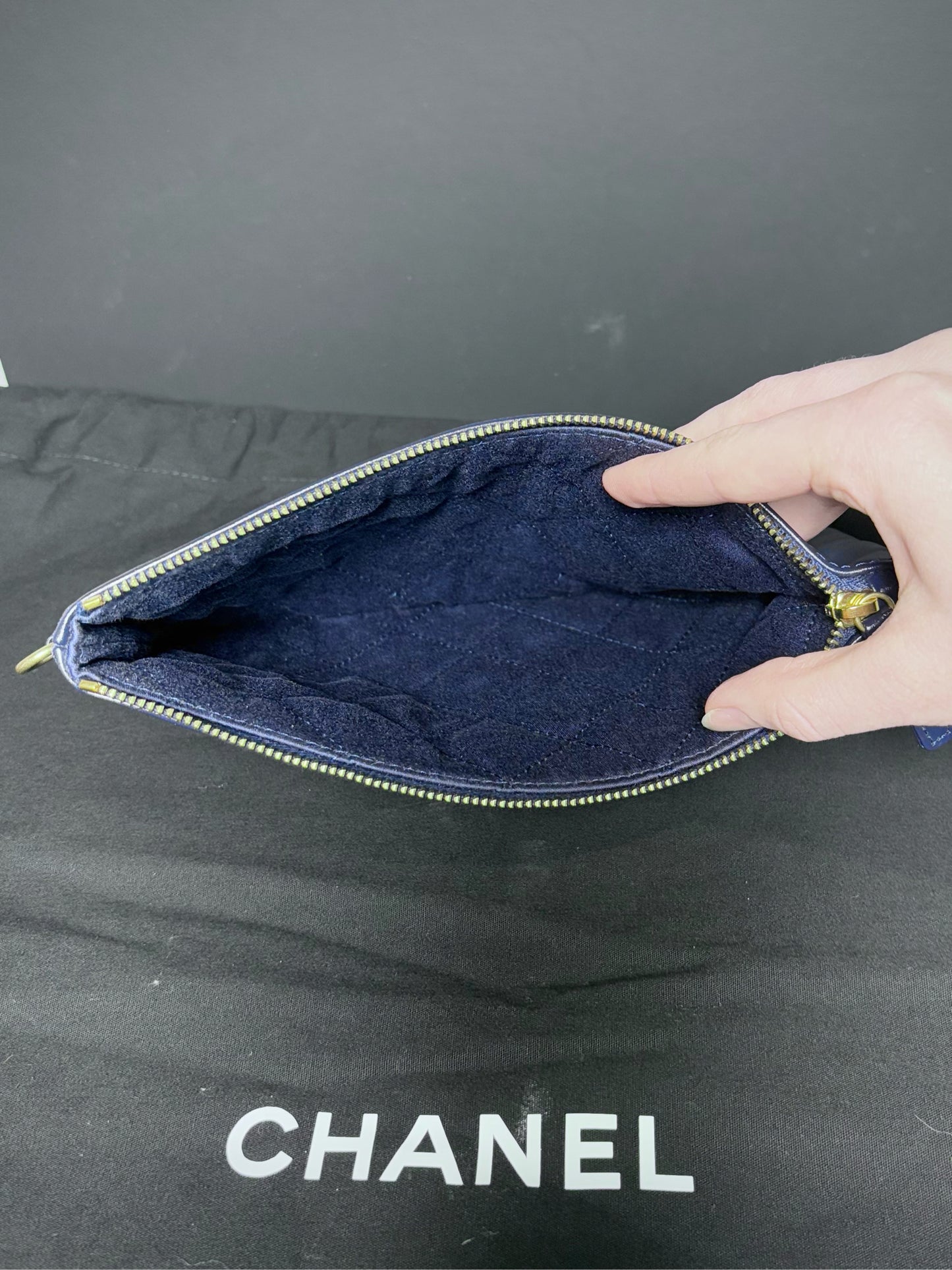 Chanel 22 Calfskin Leather Metallic Navy Blue Quilted Purse