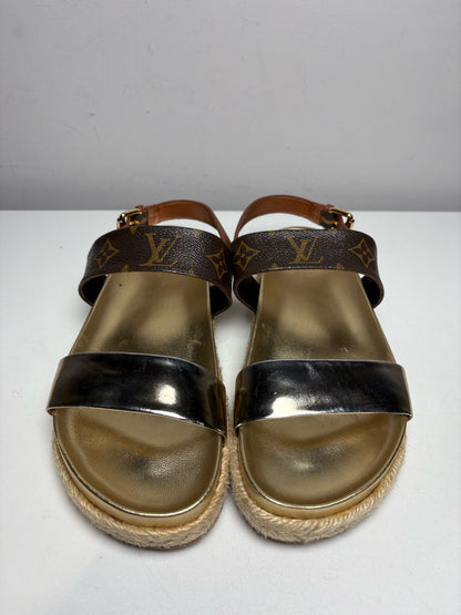 Women's Shoe Size 37 Louis Vuitton Odyssey Gold Brown Leather Authentic Pre-Owned Espadrille Sandals