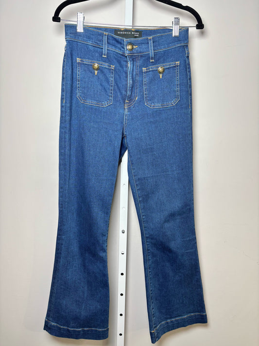 Women Size 27 (4, US) Veronica Beard Blue Solid Denim Gold Buttons Jeans