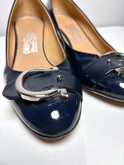 W Shoe Size 7.5 Salvatore Ferragamo Blue Leather Patent Women's Pre-owned Heels