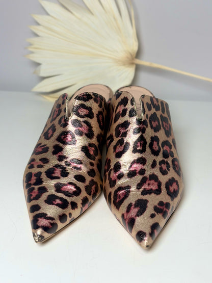 W Shoe Size 37 (6.5) AGL Gold Leather Leopard-Print Mule Pumps