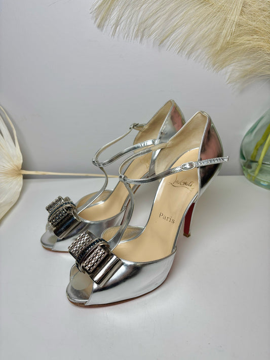 W Shoe Size 11 Christian Louboutin Silver Leather Cowhide Heels