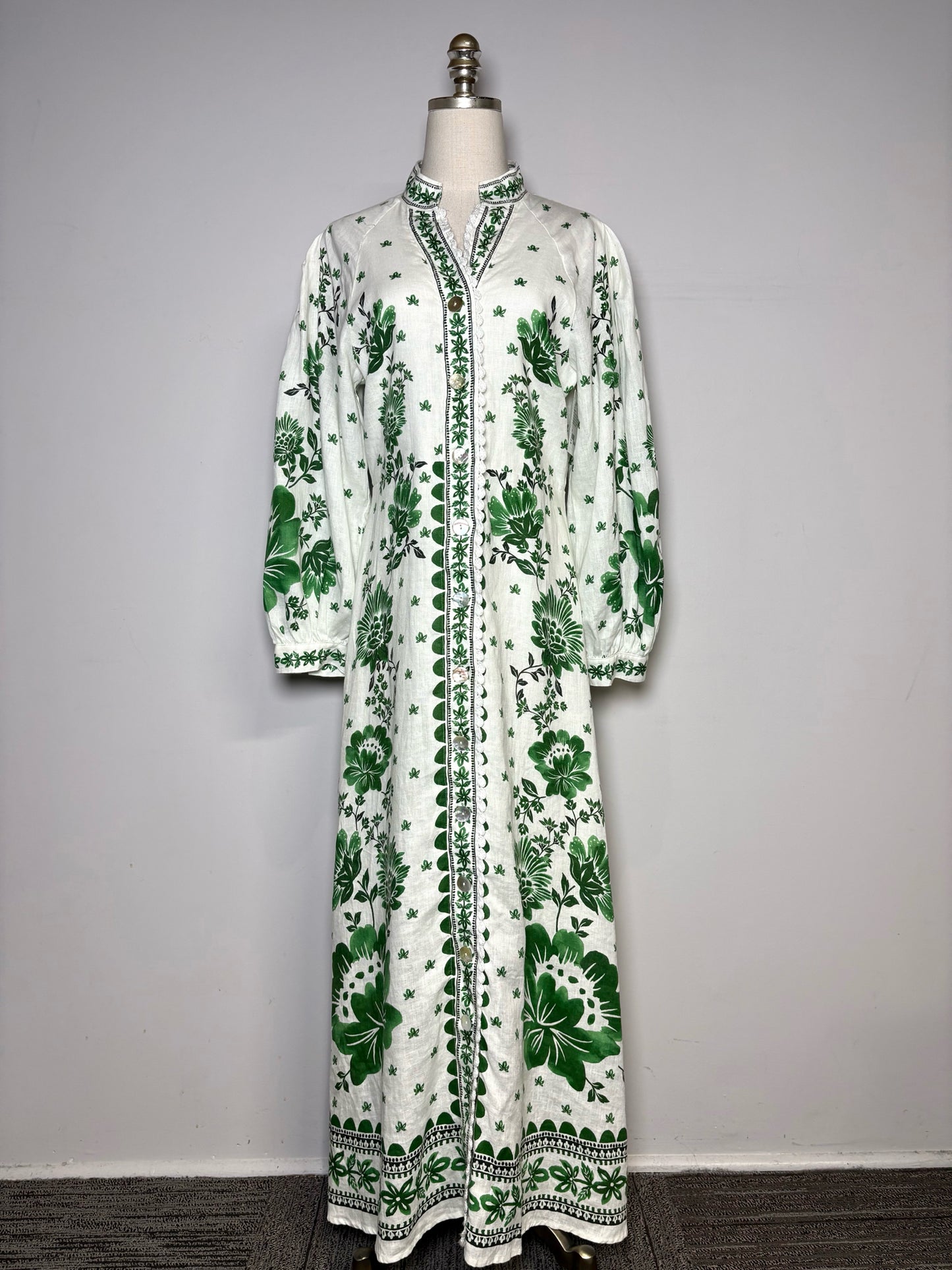 Women Size M Magaschoni White, Green Floral Pure Linen Pre-owned Dress