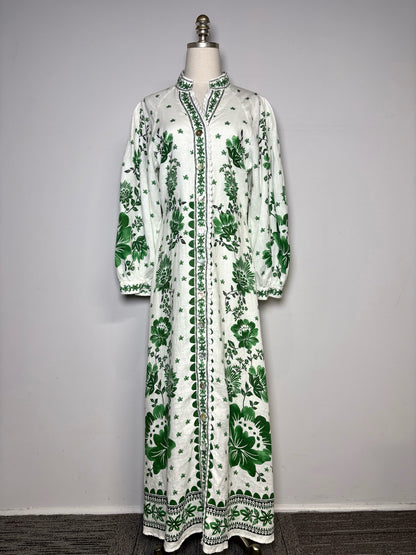Women Size M Magaschoni White, Green Floral Pure Linen Pre-owned Dress