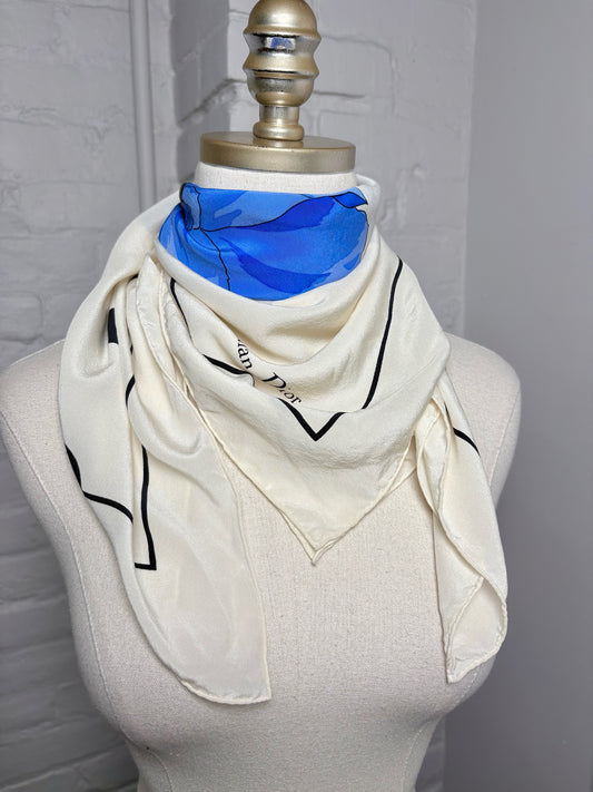 Christian Dior Floral Silk Vintage Pre-owned White & Blue Scarf