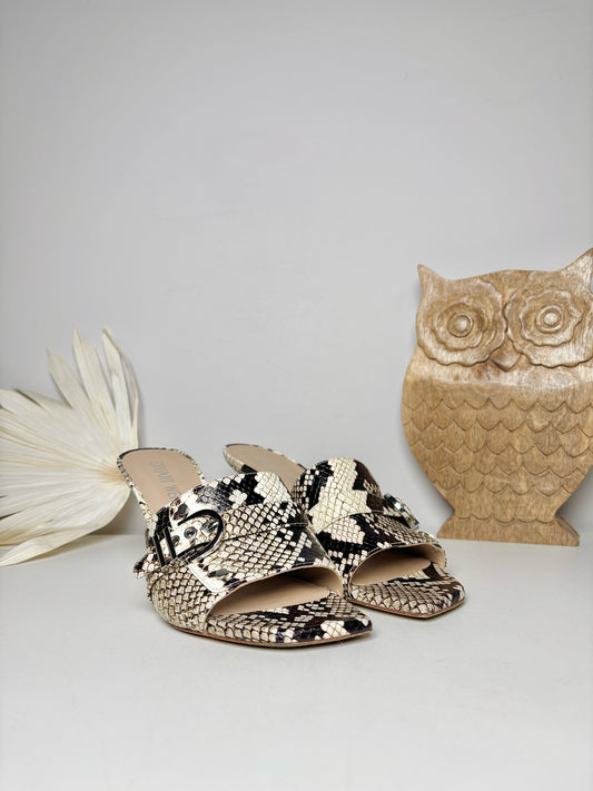 W Shoe Size 9.5 Stuart Weitzman Black, Cream Snakeskin Print  Leather Mules