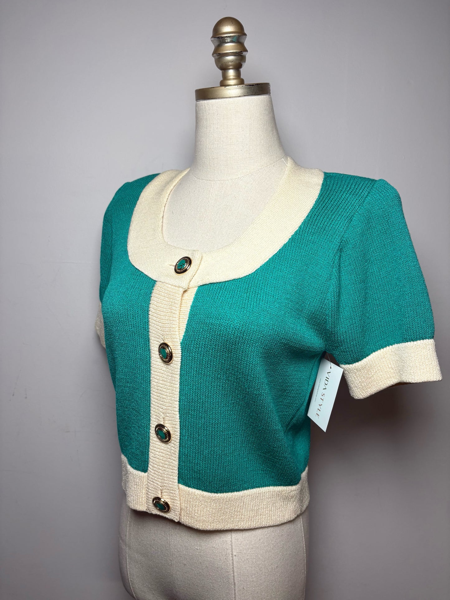 Women's Size S St. John Teal & Cream Knit Vintage Pre-Owned Cropped Cardigan