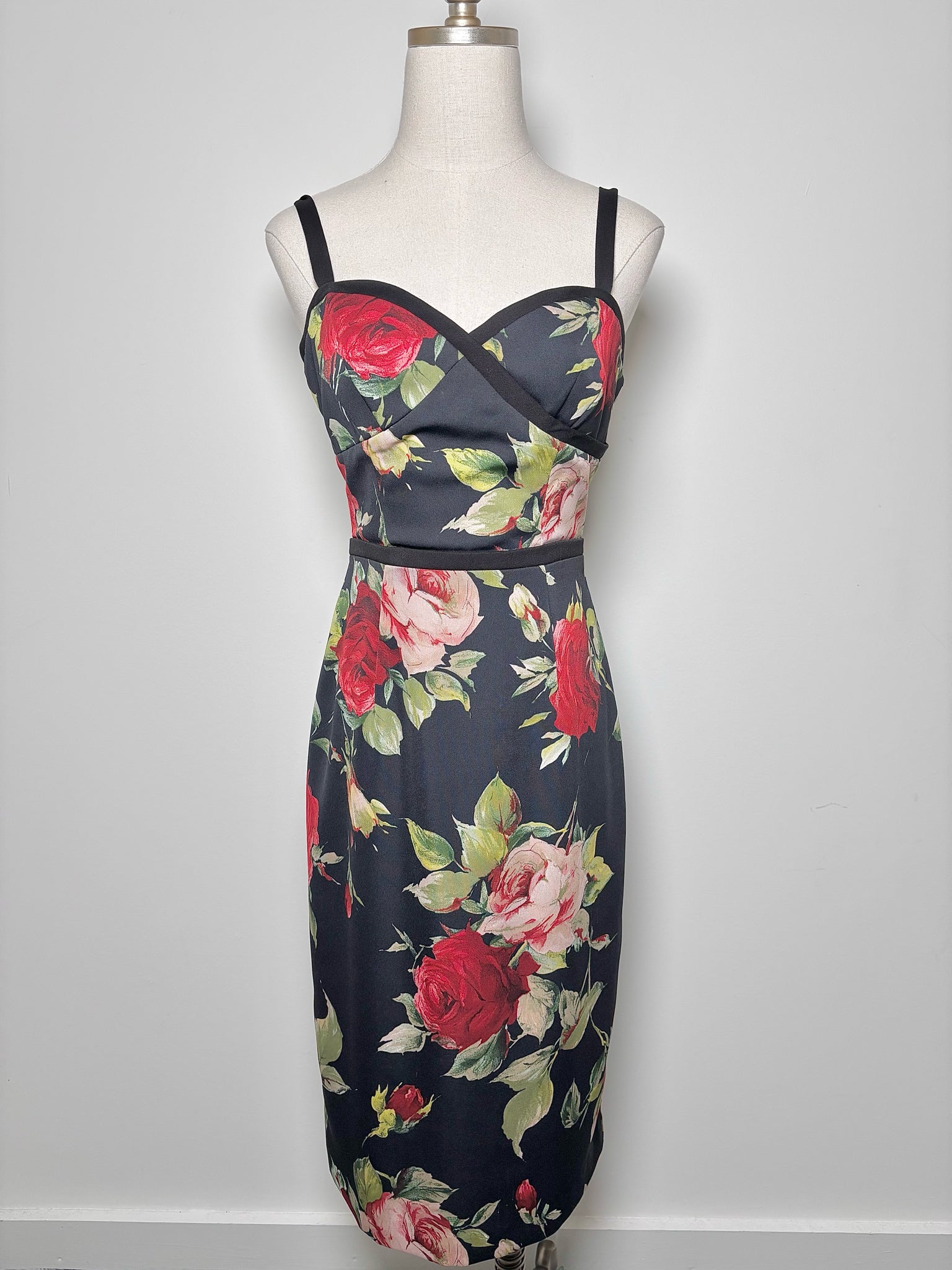 Women Size 4 Black Halo Black Floral Print Sheath Midi Dress Women Size 4 Black Halo Black Floral Print Sheath Midi Dress
