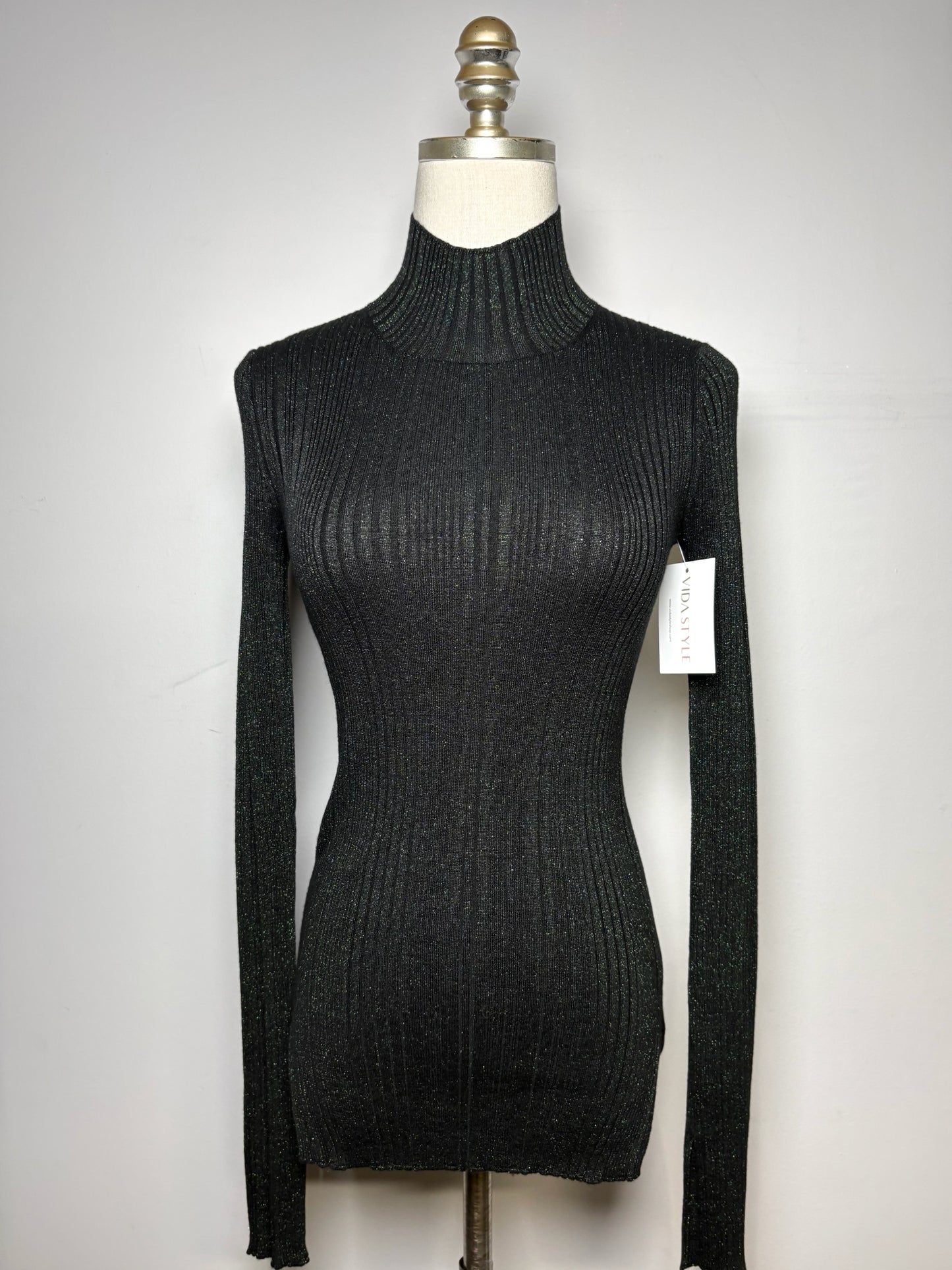 Women Size XS Helmut Lang Black-Green Glitter Women's Merino Wool Blend Sweater