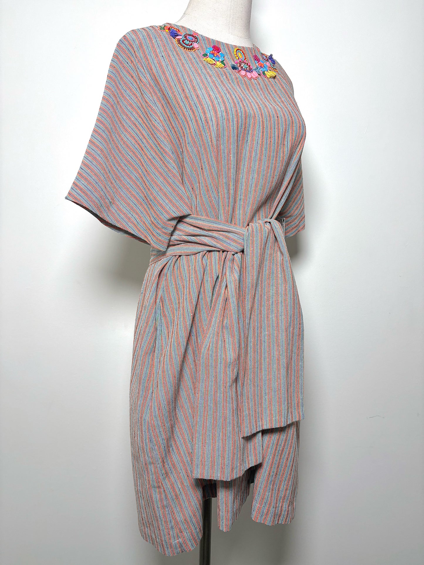 Women Size 2 (8/M) Megan Park Orange, Khaki, Black Striped Tassels Dress