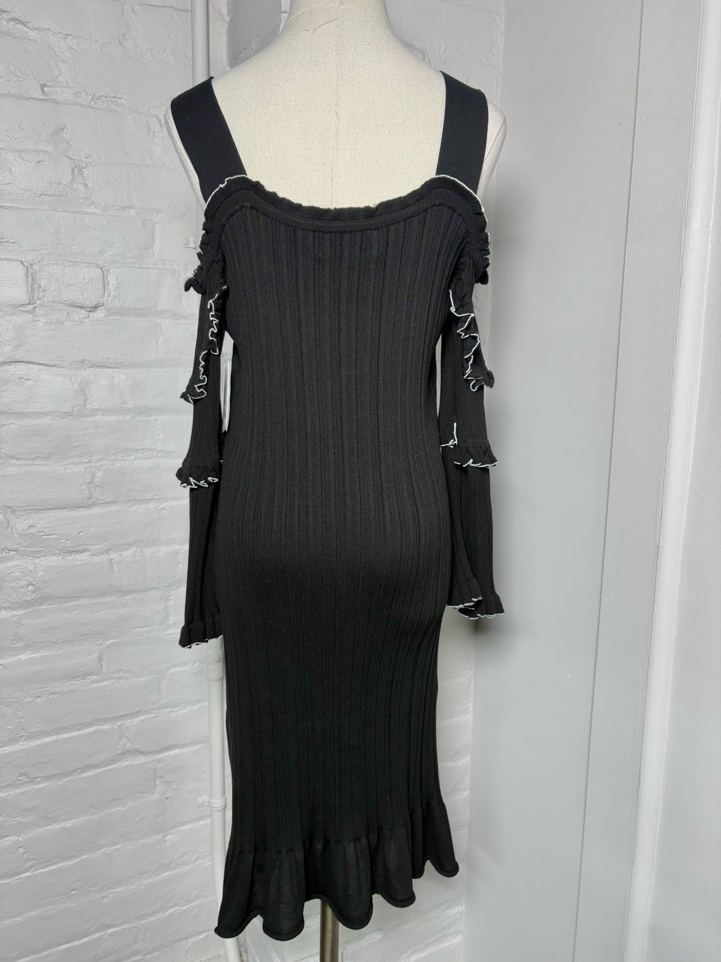 Women Size S/P Derek Lam 10 Crosby Black Solid w/White Piping Lettuce Trim Dress