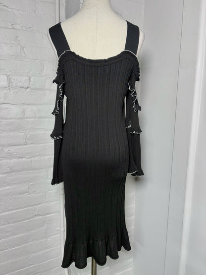 Women Size S/P Derek Lam 10 Crosby Black Solid w/White Piping Lettuce Trim Dress