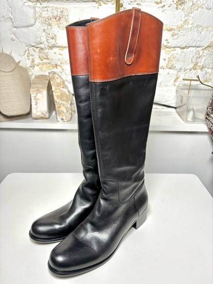 W Shoe Size 37 (6.5) Miu Miu Black, w/Brown Trim Leather Cowhide Boots