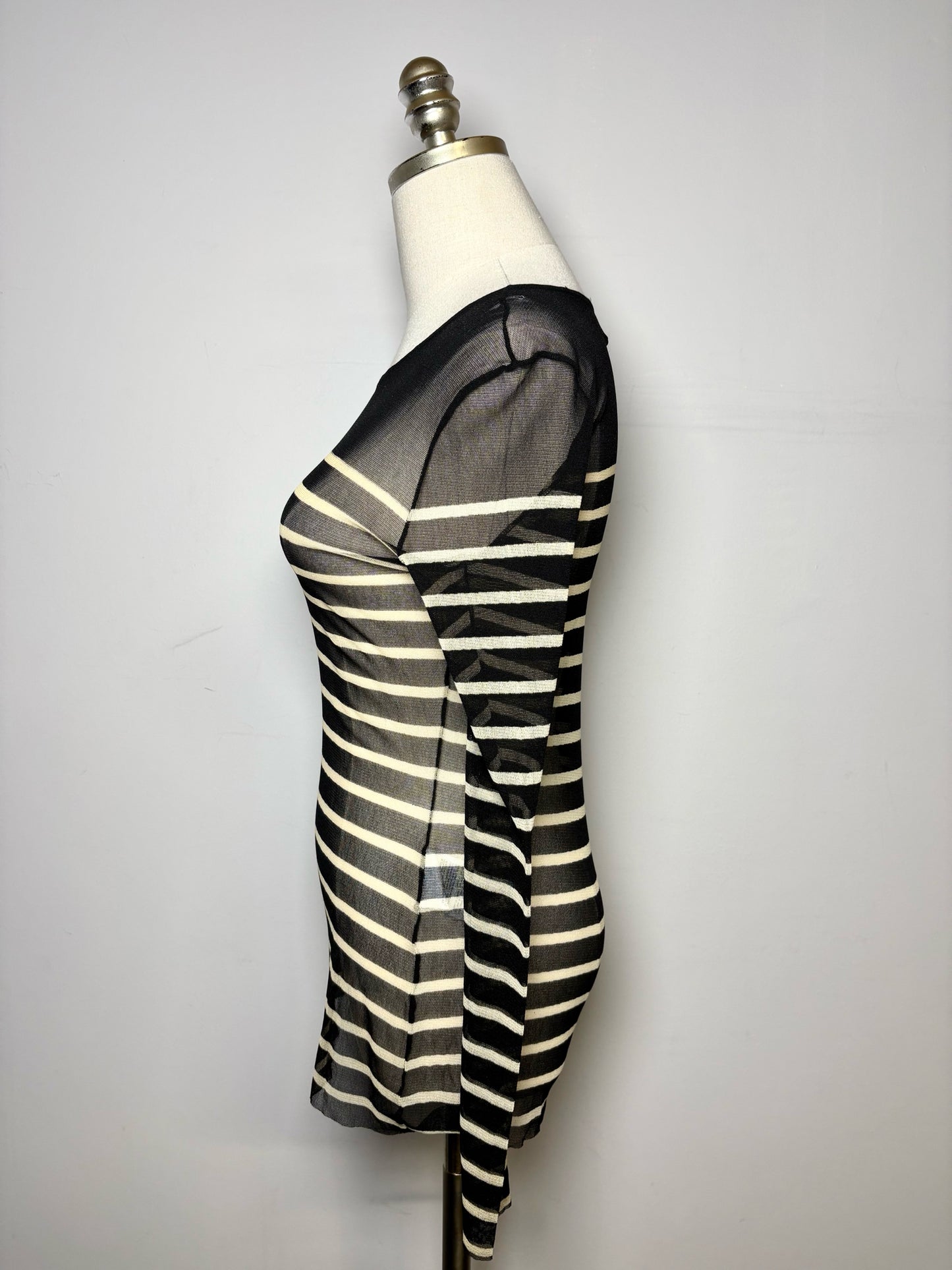 Women Size M Fuzzi Jean Paul Gaultier Black, Beige Striped Vintage 1990s Mesh Top