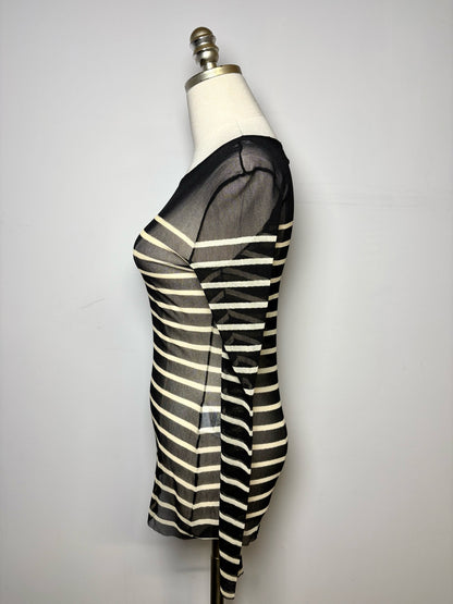 Women Size M Fuzzi Jean Paul Gaultier Black, Beige Striped Vintage 1990s Mesh Top